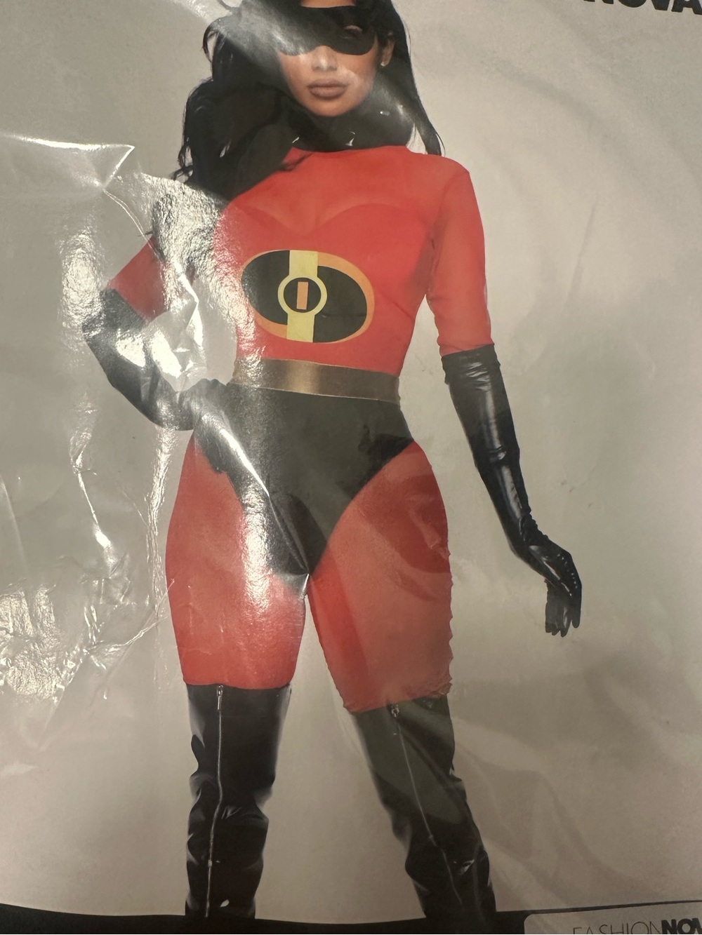 Fashion Nova Red & Black Superhero women’s Costume - Jumpsuit, Mask & Gloves